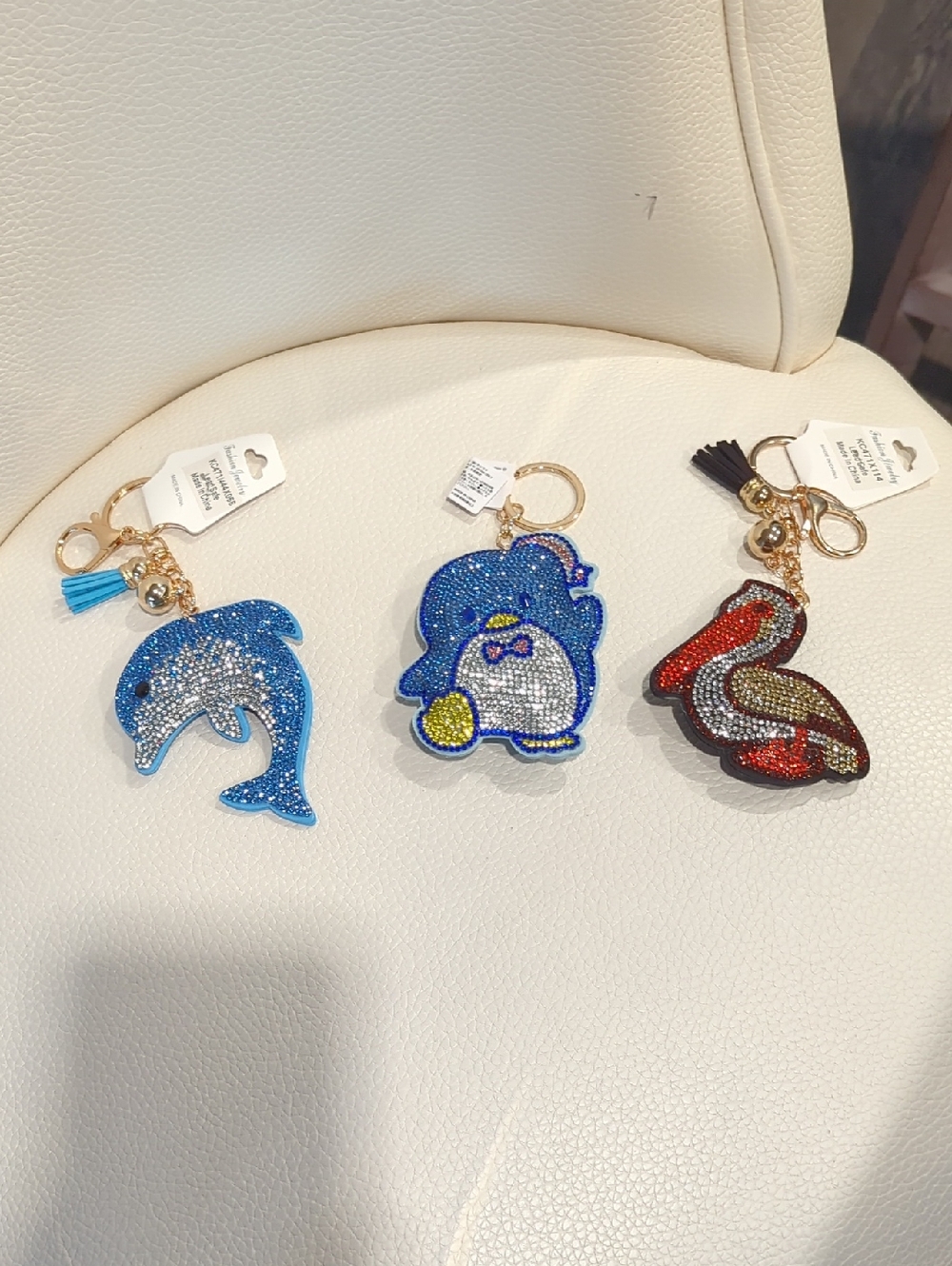 Sparkling Animal Keychain Charm Trio - Dolphin, Penguin, Pelican